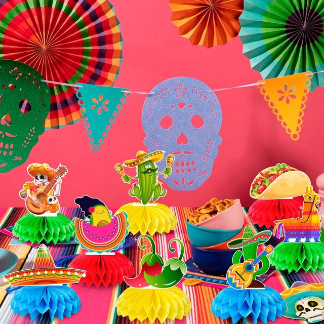 Party World Mexikanische Waben-Tischdekorationen für Fiesta, Cinco de Mayo und Taco-Partys, 9 Stück, bunt - Bild 1