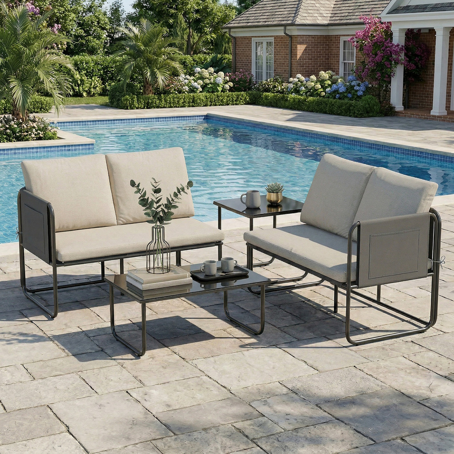 Outsunny 4-teiliges Gartenmöbel-Set in Beige mit 2 Zweisitzern und 2 Glastischen aus Textilene und Stahlgestell - Bild 2