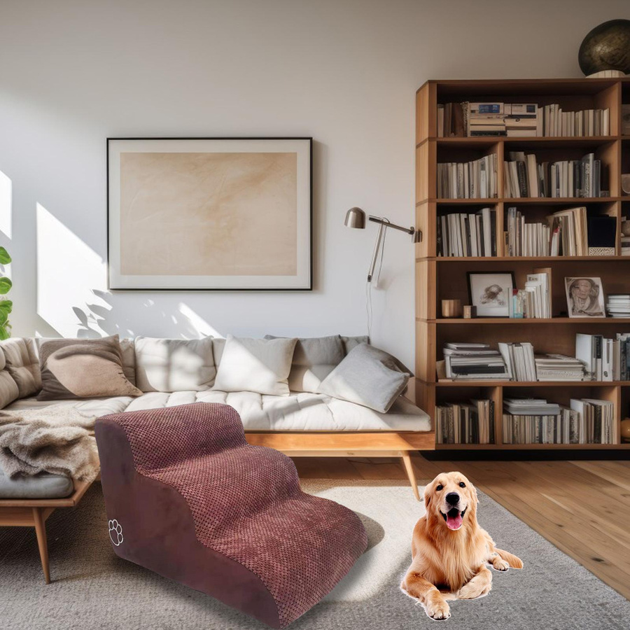 mfySpace Hundetreppe für kleine Hunde, 3-stufige Hunderampe mit Polarfleece-Bezug in Kaffeebraun, rutschfest und mit hochdichtem Rückprallschwamm gefüllt - Bild 2