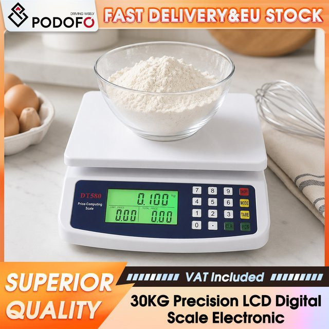 Podofo Digitale Küchenwaage in Weiß mit 30 kg Kapazität und 1 g Präzision, LCD-Elektronikwaage für Lebensmittel und zum Backen - Bild 1