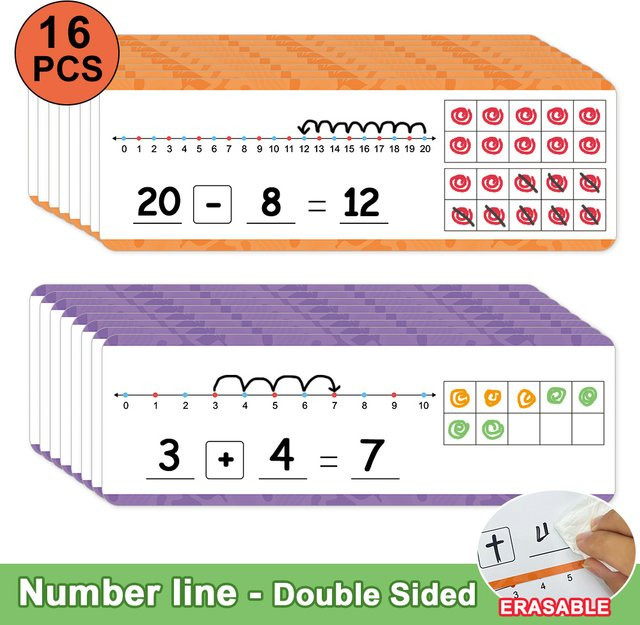 QKX Mathe-Übungskarten für Kinder mit Additions- und Subtraktionsnummernlinie 0–20 und 0–10, trocken abwischbare Arithmetik-Lernkarten in Mehrfarbig - Bild 1