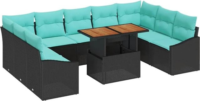 vidaXL Garten Essgruppe aus Akazienholz mit 10 Teilen und Kissen in Schwarz und Teal - Bild 1