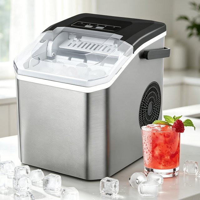 DWiusty Automatischer Mini-Elektro-Eiswürfelbereiter in Silber, tragbare Eismaschine für Haushalt, Bar und Büro mit Produktion von 9 Eiswürfeln in 6 Minuten - Bild 1