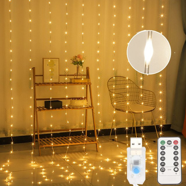 KIKIELF LED Vorhang Lichterkette Warmweiß mit Fernbedienung USB Powered für Hochzeit, Weihnachten und Garten - Bild 1