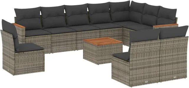 vidaXL 11-tlg. Garten-Sofagarnitur in L-Form aus grauem Poly-Rattan mit Kissen und pulverbeschichtetem Stahlgestell - Bild 1