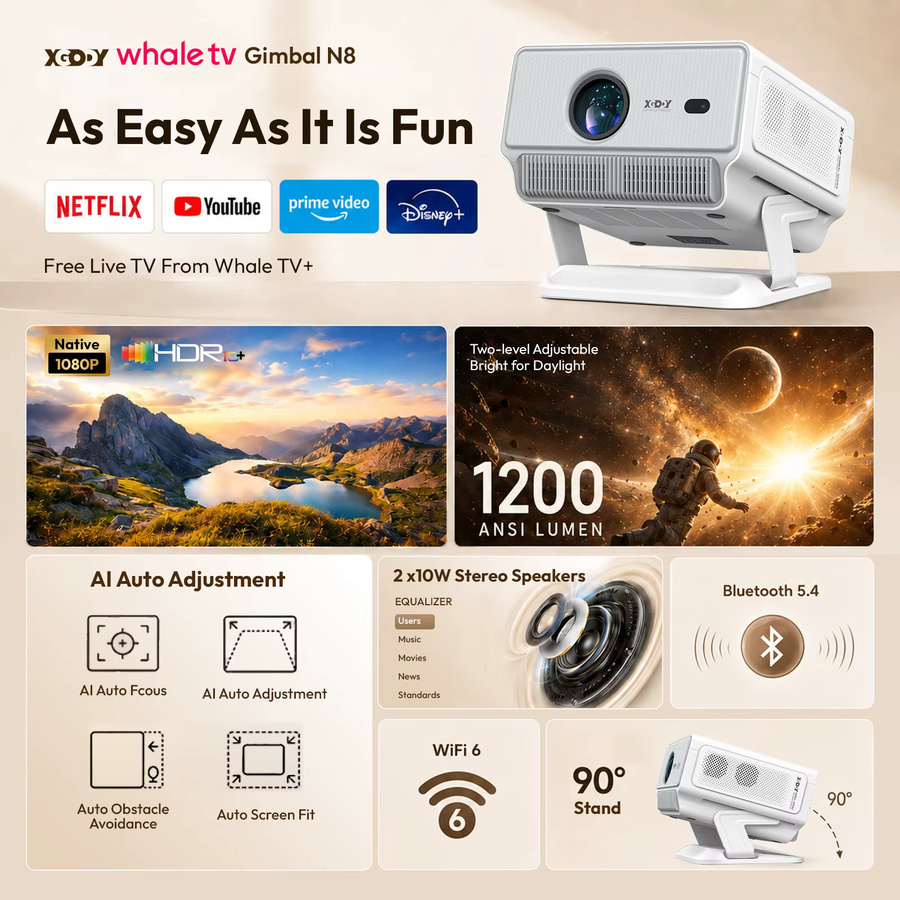 XGODY Smart Android 4K Projektor mit Autofokus und WiFi, Native 1080P Full HD, 1200 ANSI Lumen, Weiß - Bild 2