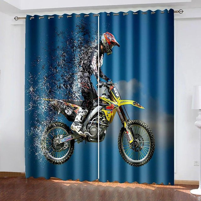 A Family Of Home Textiles Halbverdunkelnde Vorhänge mit Motorrad-Print, Blau, 2er-Set, Breite: 50 cm, Höhe: 130 cm - Bild 1