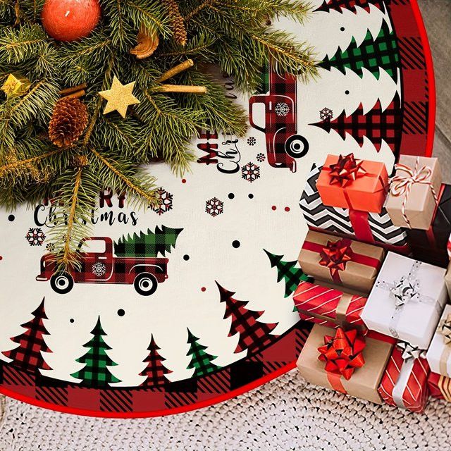 VIKAMA Weihnachtsbaumrock im Vintage Landhausstil mit kariertem Muster und Schneeflocken-LKW-Aufdruck inklusive Kissen - Bild 1