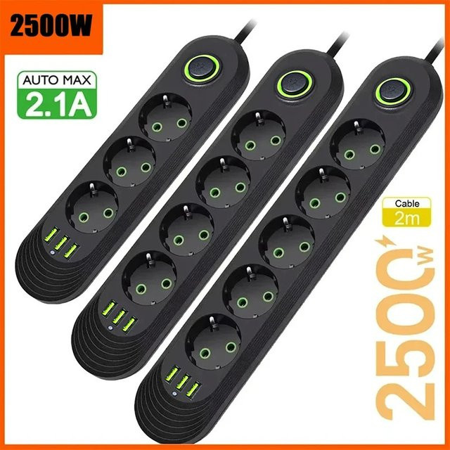 AXUS Steckdosenleiste in Schwarz mit 3 USB-Anschlüssen und 2m Verlängerungskabel, Mehrfachsteckdose bis 2500W mit EU-Stecker - Bild 1