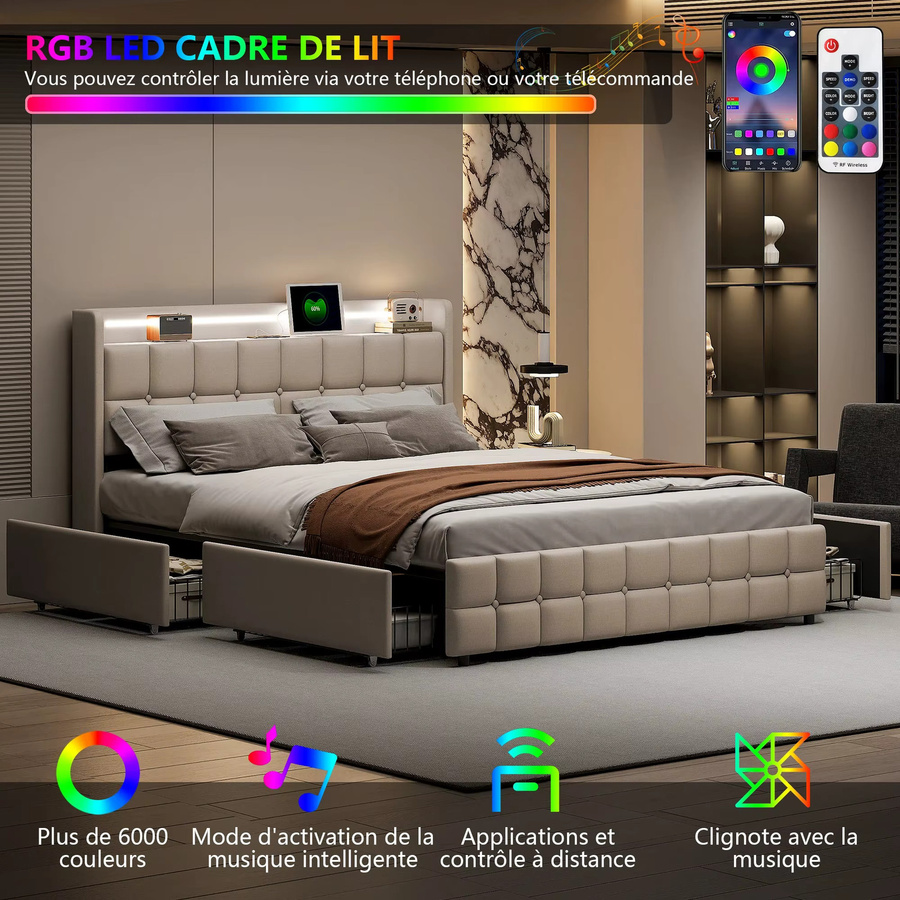 Rosahqnda Doppelbett mit LED, USB und 4 Schubladen, gepolstertes Stauraumbett aus Leinen in Beige - Bild 3