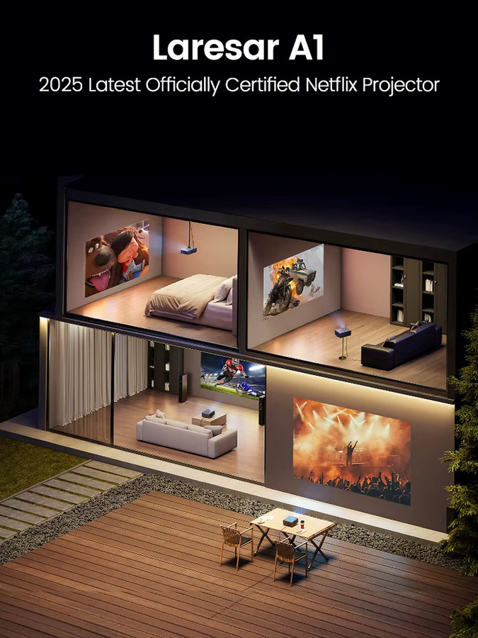 Laresar A1 Projektor mit 4K Unterstützung, 1000 ANSI Lumen, Native 1080P Full HD, Android TV mit offizieller Netflix Unterstützung, Autofokus, Keystone, WiFi 6 und Bluetooth 5.2 für dein Heimkino - Bild 5