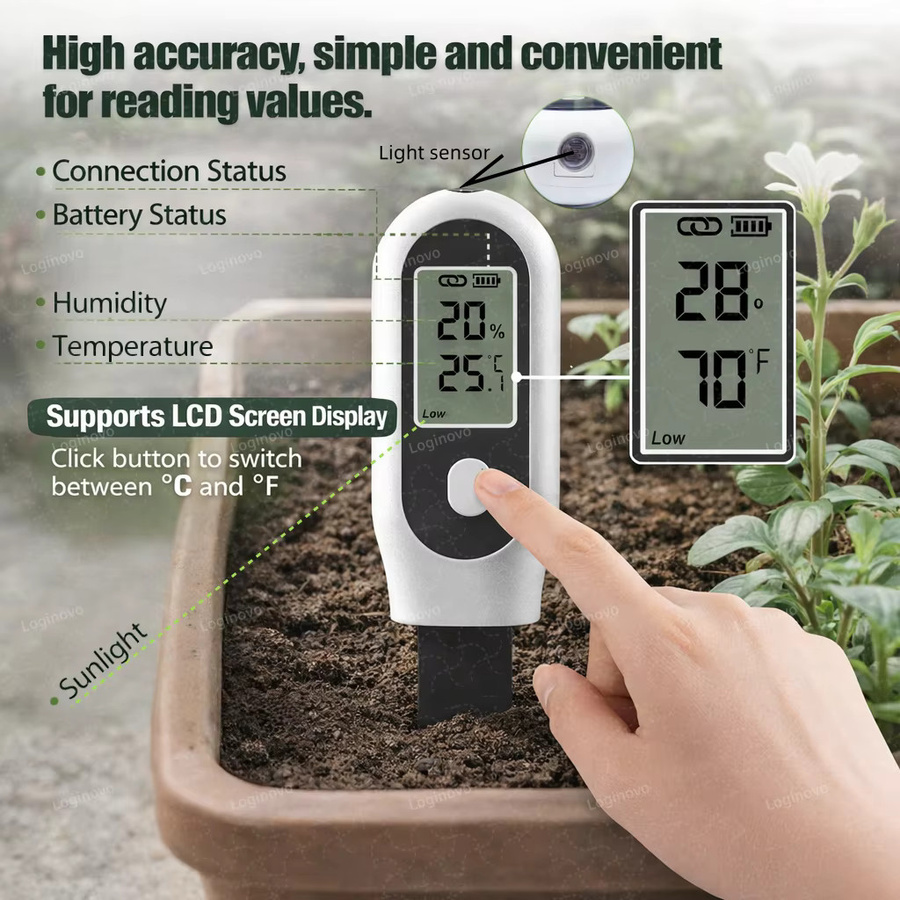 Loginovo Zigbee Bodenfeuchtesensor für Tuya Smart Life zur Messung von Licht, Temperatur und Feuchtigkeit als Pflanzenmonitor in Weiß - Bild 3