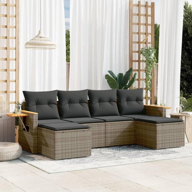 Vidaxl 6-teiliges Gartenmöbel-Set aus Polyrattan mit Kissen, Grau - Bild 1