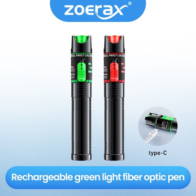 ZOERAX Fiber Optic Visual Fault Locator mit 30/15 mW Leistung, wiederaufladbarer Glasfaser-Lichtstift mit FC/LC-Adapter und USB-C, Grün/Rotlicht - Bild 1