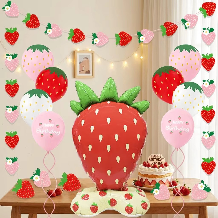 EsenTroye Erdbeer-Geburtstagsdekorationsset für Mädchen zum 1. Geburtstag mit Folienballons, Banner und Tortendekoration in Rot und Floral-Design - Bild 2