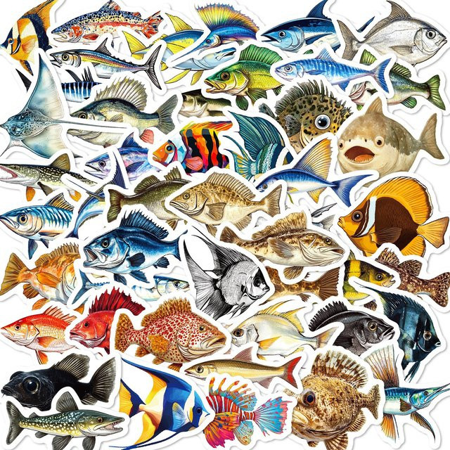 50 Stück Fisch-Cartoon-Aufkleber in Multicolour, wasserfeste Angler-Sticker für Laptop, Handy und Notizbuch - Bild 1