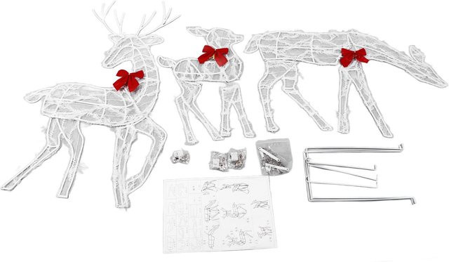 Neoglint Weihnachts-Hirsch Familie Set aus Metall mit LED-Beleuchtung und roten Schleifen, Weiß, 3 Stück - Bild 1