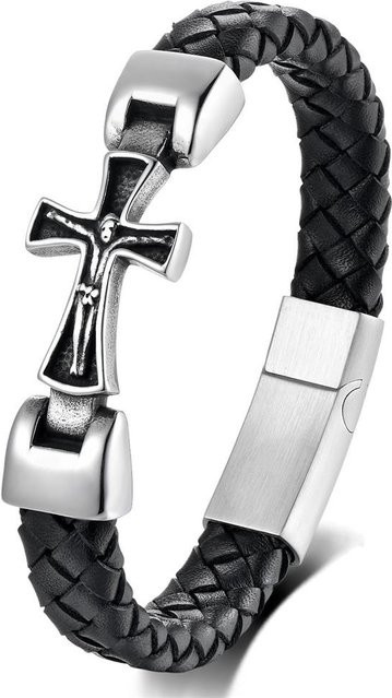 YULIN Armband Edelstahl, Leder, Schwarz, Kreuz, Herren, 21cm - Bild 1