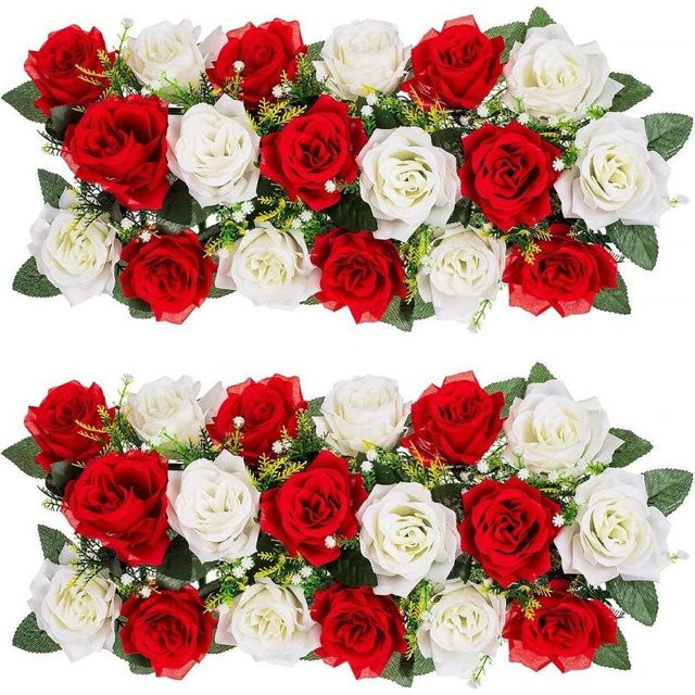 2er-Set künstliche Rosen als Seidenblumengesteck für deine Hochzeitsdekoration und Tischdekoration in Rot und Weiß - Bild 1