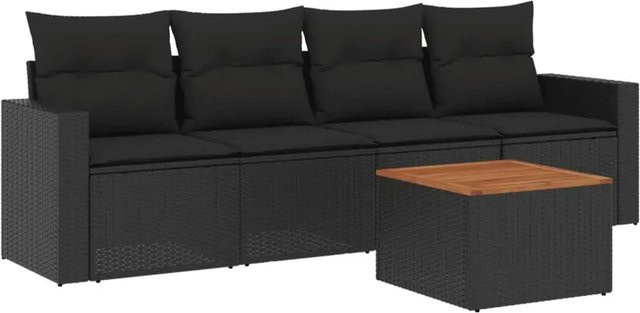 vidaXL 5-teilige Garten-Sofagarnitur aus Poly-Rattan und Akazienholz in Schwarz mit Kissen - Bild 1