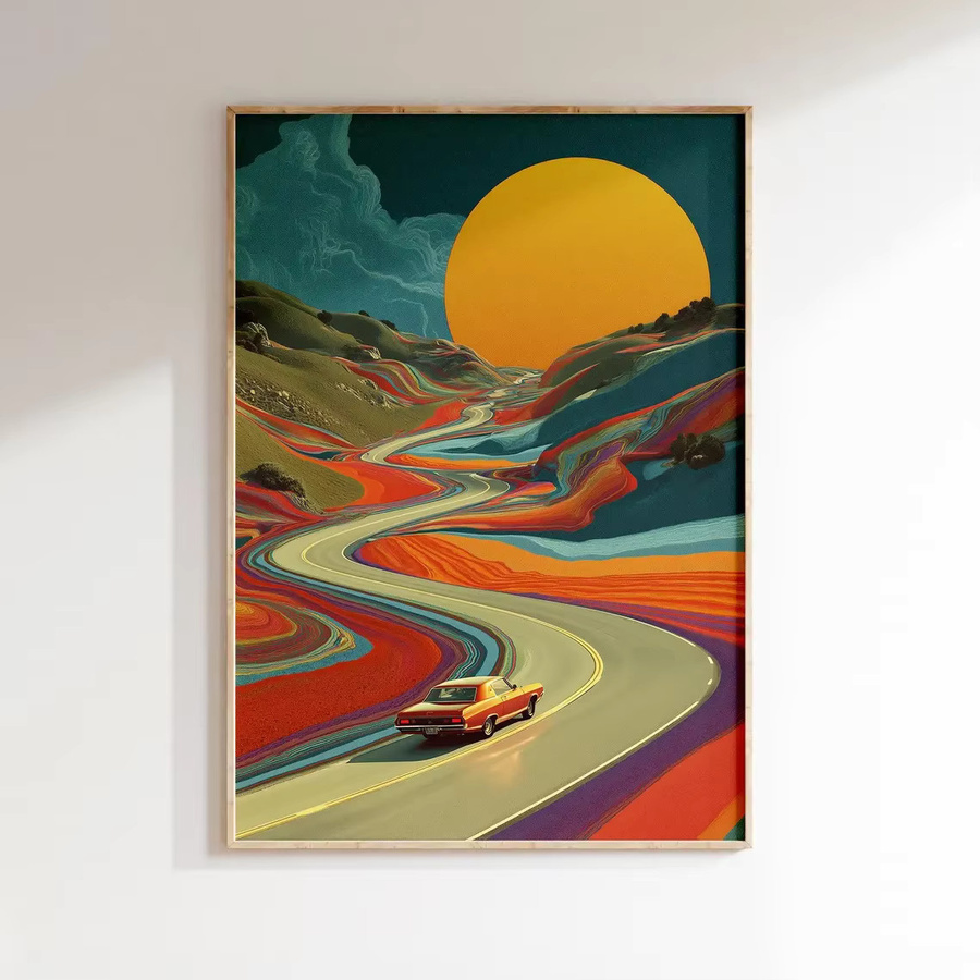 Retro-psychedelischer Roadtrip Wandkunstdruck von SHENCHEN als Vintage-Poster mit Sonnenuntergang und surrealer Landschaft auf mehrfarbiger Leinwand - Bild 4