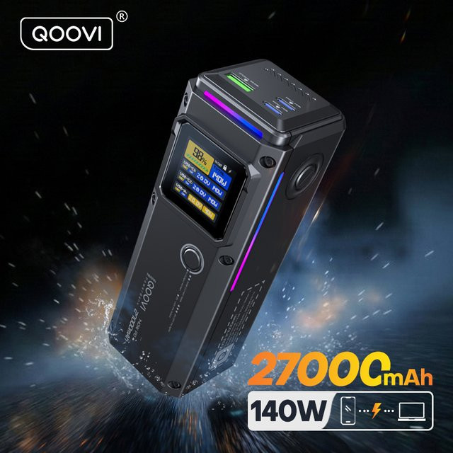 QOOVI Powerbank mit 27000 mAh und 140 W PD Schnellladefunktion für iPhone, MacBook, Laptop, Samsung und Xiaomi in Schwarz oder Grau - Bild 1