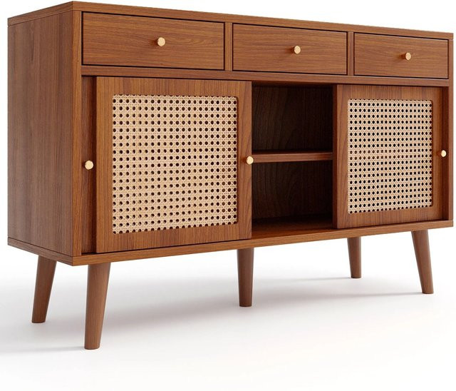 okwish Sideboard mit Rattan-Design und 3 Schubladen sowie 3 Schiebetüren in Braun, B/T/H: 120 x 40 x 78 cm - Bild 1