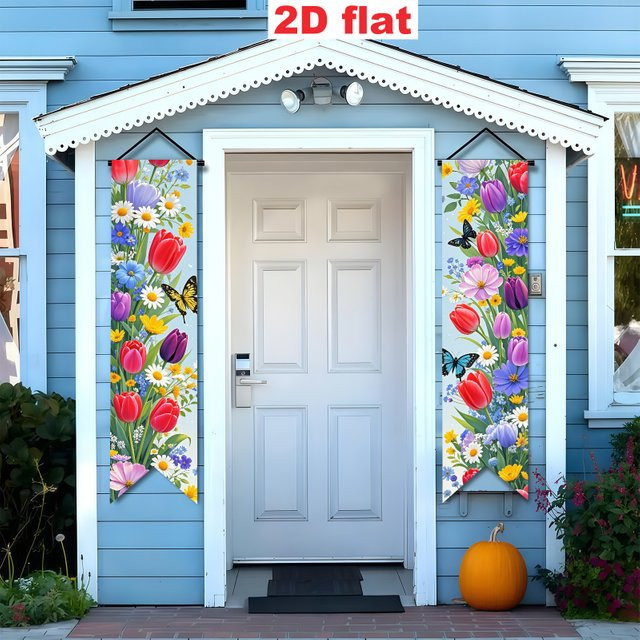 VIKAMA Frühlingsblumen-Veranda-Banner mit Tulpen- und Schmetterlingsdruck, Mehrfarbiges 2D-Flachdekorationspanel für Oster- und Frühlingspartys, B: 120 cm, H: 30 cm - Bild 1