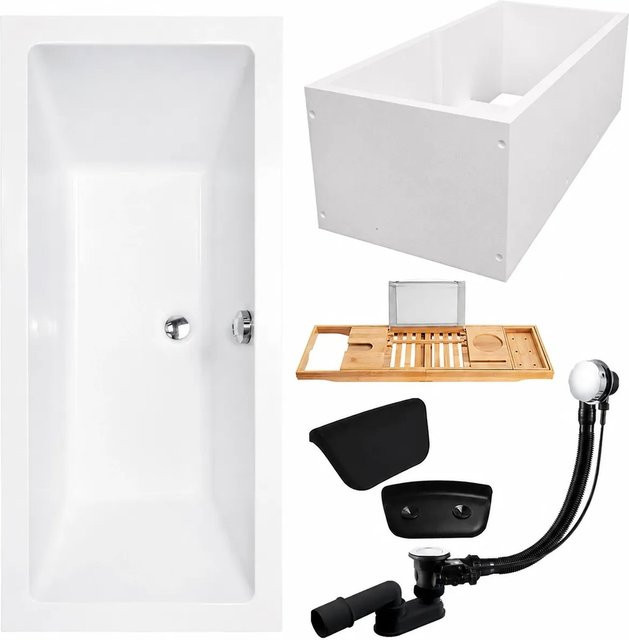 KOLMAN Badewanne KODI Rechteck aus Acryl in Weiß oder Schwarz inklusive Wannenträger, Bambus-Badewannenablage, Kopfstütze, Ablauf und Füßen B/T: 180 x 80 cm - Bild 1