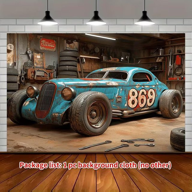 Vintage Rostiger Rennwagen Wandteppich aus Polyestergewebe, Mehrfarbig, Breite: 210 cm, Höhe: 150 cm - Bild 1