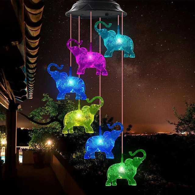 Solarbetriebenes LED-Windspiel in Elefantenform für den Außenbereich, wasserdichtes Nachtlicht in Blau und Multicolour zur Dekoration von Garten und Terrasse - Bild 1