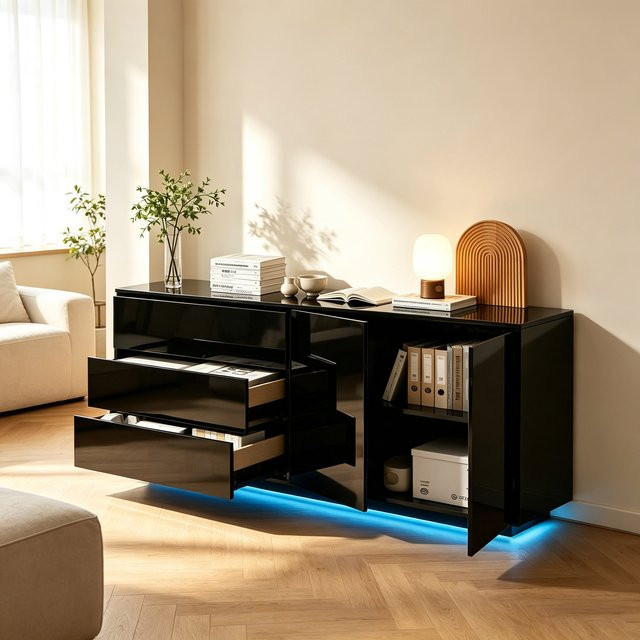 Simurq Moderner Aufbewahrungsschrank in Schwarz mit Hochglanz-Finish, Esszimmer-Sideboard mit 2 Türen und 3 Schubladen, B/H/T: 160 x 76 x 35 cm - Bild 1