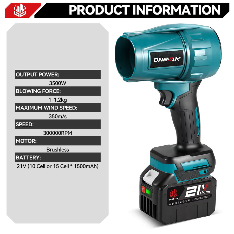 ONEVAN Bürstenloses Elektro-Turbogebläse 3500W Jetventilator als Autotrockner und Staubblasgerät für Makita 18V Akku, Blau - Bild 4