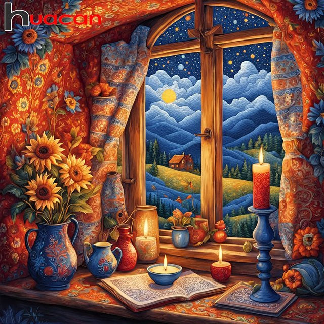 Huacan Diamant-Malerei Fensterbild Rund mit Mosaik-Nachtlandschaft und Mond-Motiv, Multicolour - Bild 1