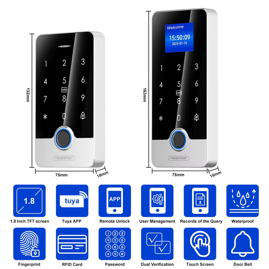 Tuya Wasserdichter Bluetooth Fingerabdruck-Zugangscontroller mit RFID-Touch-Tastatur für 13,56 MHz und 125 kHz in Schwarz - Bild 2