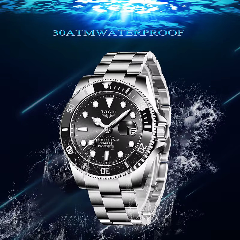 LIGE Armbanduhr Quarz, Edelstahl, Schwarz, Silber, Herren - Bild 5