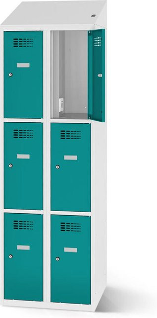 rotstahl Fächerschrank mit 6 Fächern und Ladefunktion, Farbe Türkis, Korpus Lichtgrau, B: 60 cm, H: 200 cm - Bild 1