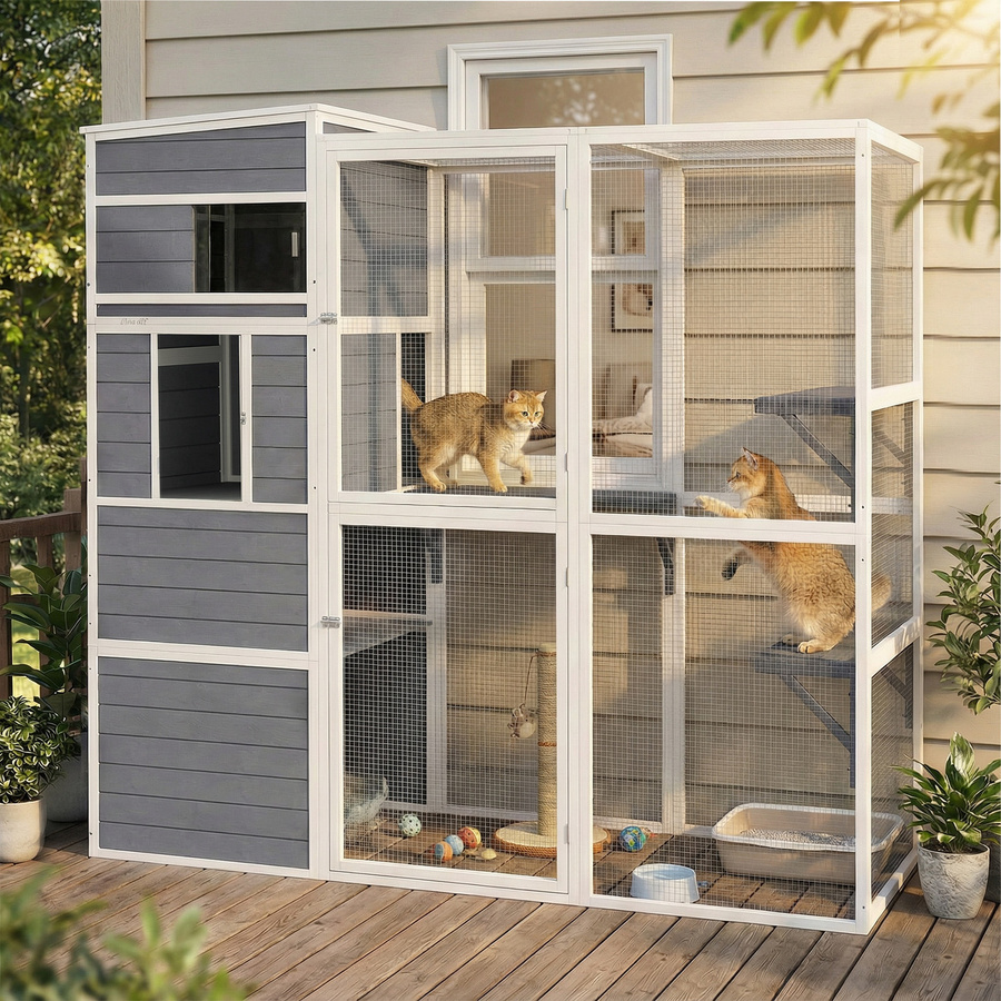 PawHut Katzengehege aus Holz in Grau mit 3 Plattformen und wetterfestem Dach für bis zu 4 Katzen geeignet - Bild 2