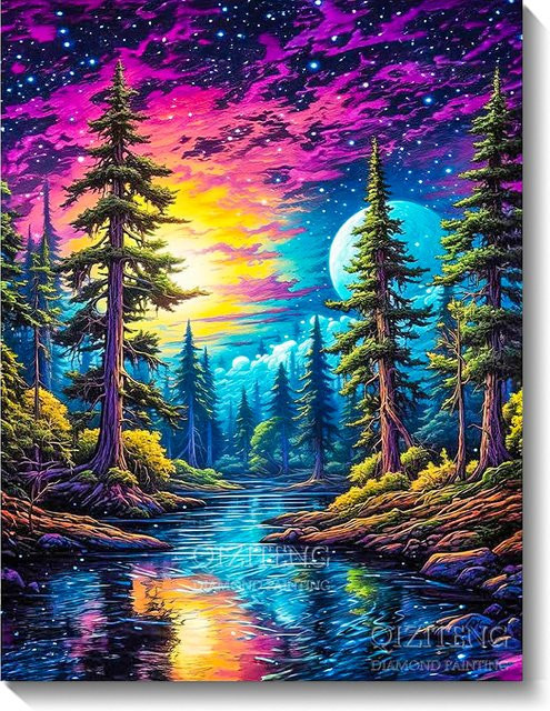 QIZITENG 5D Diamantmalerei Aurora Landschaft Mosaik Stickerei Set mit bunten Strasssteinen für Erwachsene, B/H: 40 x 30 cm - Bild 1