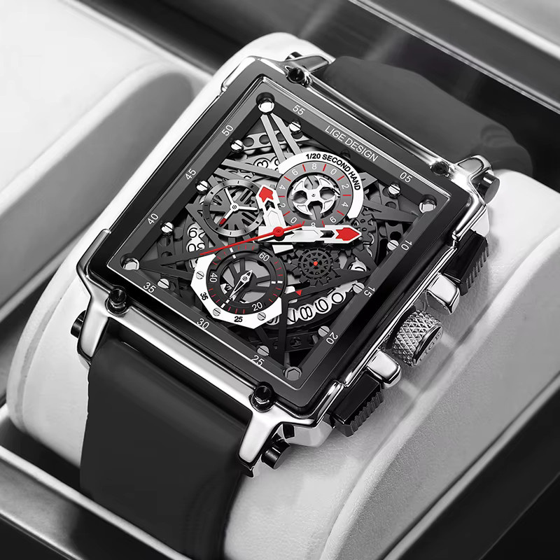 LIGE Chronograph Armbanduhr, Quarz, Schwarz, Silikon, Herren - Bild 4