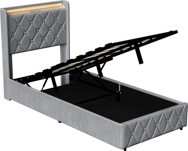 Comanlai Polsterbett mit Stauraum aus Samt in Grau, B/T: 90 x 200 cm - Bild 1