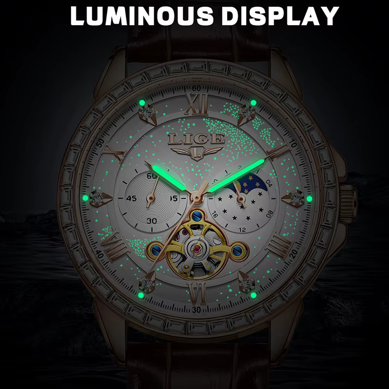 LIGE Armbanduhr Automatik, Leder, Roségold, Herren - Bild 3