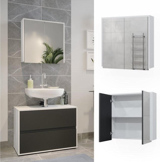 Vicco Badspiegelschrank Maltin Weiß Anthrazit mit zwei Spiegeltüren B: 60 cm, H: 60 cm, T: 58 cm - Bild 1