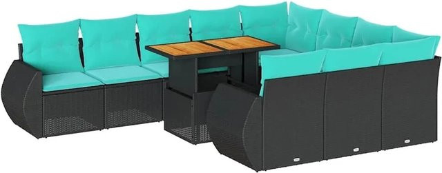 vidaXL 11-teilige Garten-Sofagarnitur aus Poly-Rattan und Akazienholz in Schwarz mit blauen Kissen - Bild 1