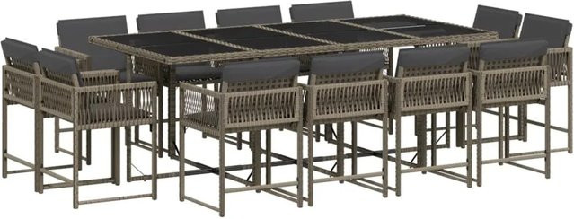 vidaXL 13-tlg Garten-Essgruppe aus PE-Rattan mit Kissen und Hartglas in Grau - Bild 1