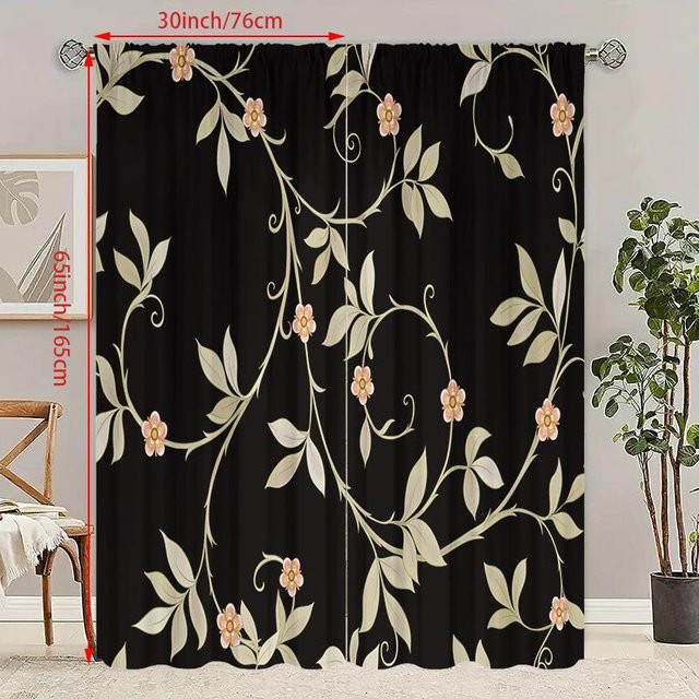 2er-Set Vorhang mit Weinrankenmuster aus Polyester in Schwarz, semi-transparent, B: 60 cm, H: 150 cm - Bild 1