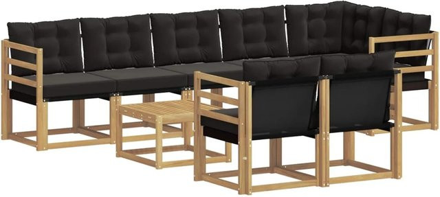 vidaXL Outdoor-Sofagarnitur 9-tlg. in L-Form aus Akazienholz mit Textilene und Kissen, Weiß und Schwarz - Bild 1