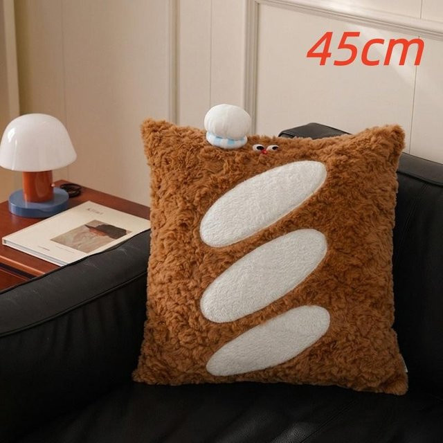 Set aus 2 Plüschkissen in Baguette- und Garnelen-Design, quadratische Dekokissen mit abnehmbarem Bezug aus Polyester, Braun - Bild 1