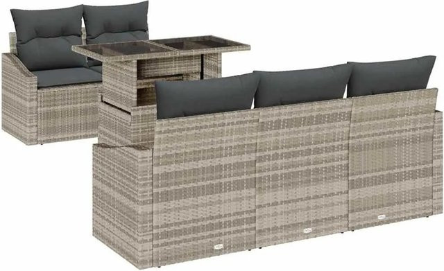 vidaXL Garten-Sofa-Set 6-teilig aus Poly-Rattan in Hellgrau mit Kissen und Tisch - Bild 1