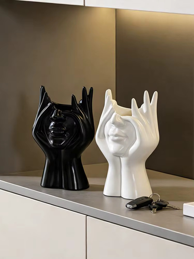 Abstrakter Aufbewahrungszylinder in Gesichtsform als moderne künstlerische Dekoration und Schreibtisch-Organizer aus Keramik und Resin - Bild 4